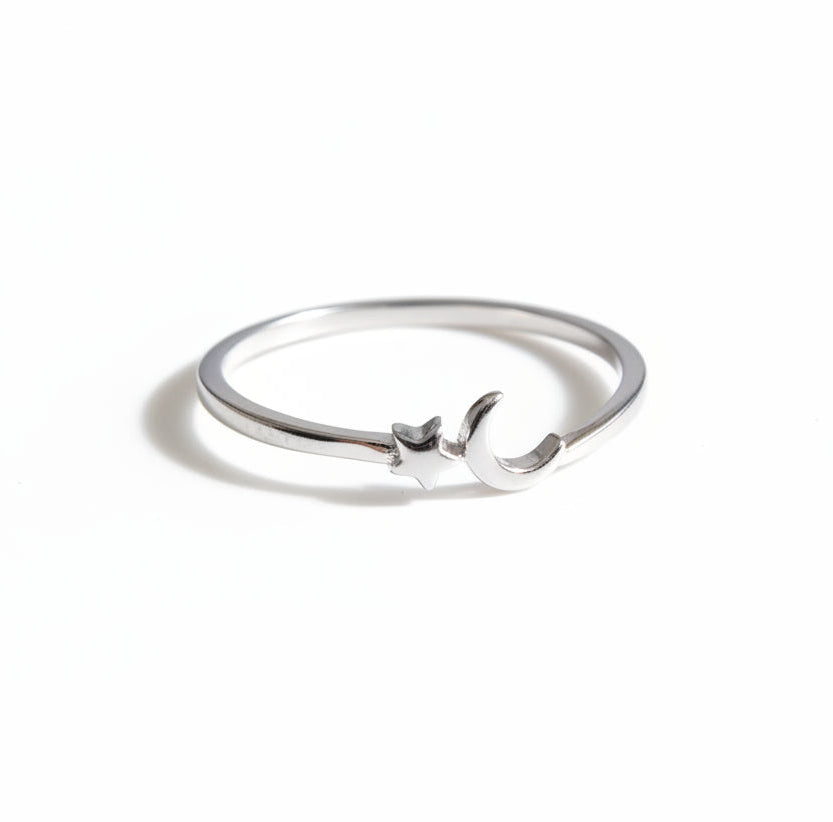 Sterling Dainty Crescent Moon & Star Silver Ring - view 4
