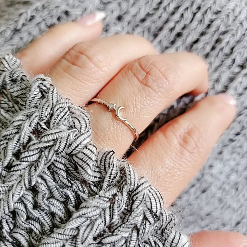 Sterling Dainty Crescent Moon & Star Silver Ring - view 5