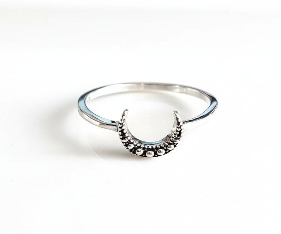 Sterling Silver Crescent Beaded Moon Ring