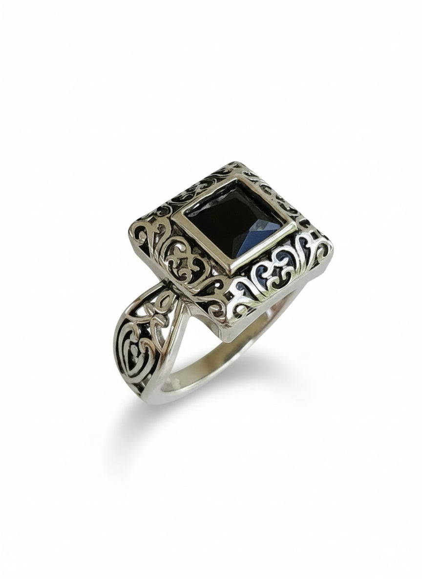 Sterling Silver Bali Square Onyx Ring