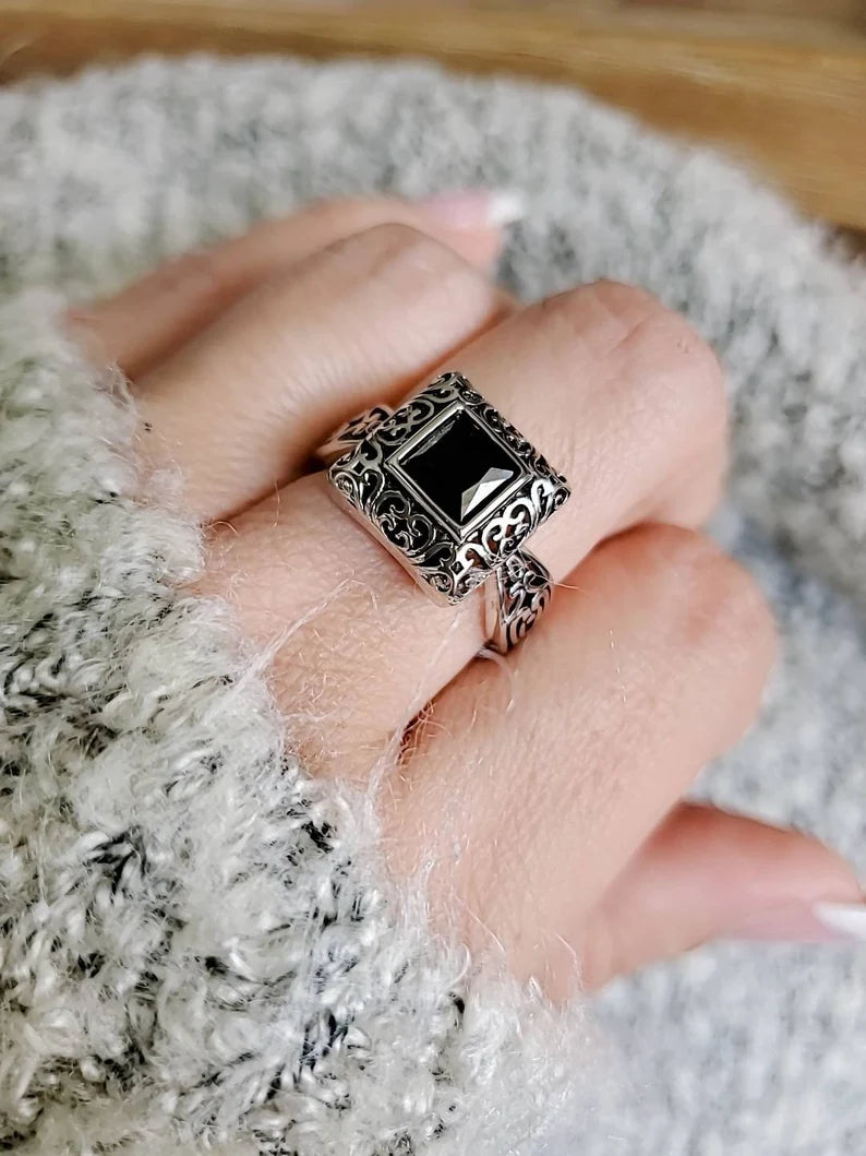 Sterling Silver Bali Square Onyx Ring - view 2