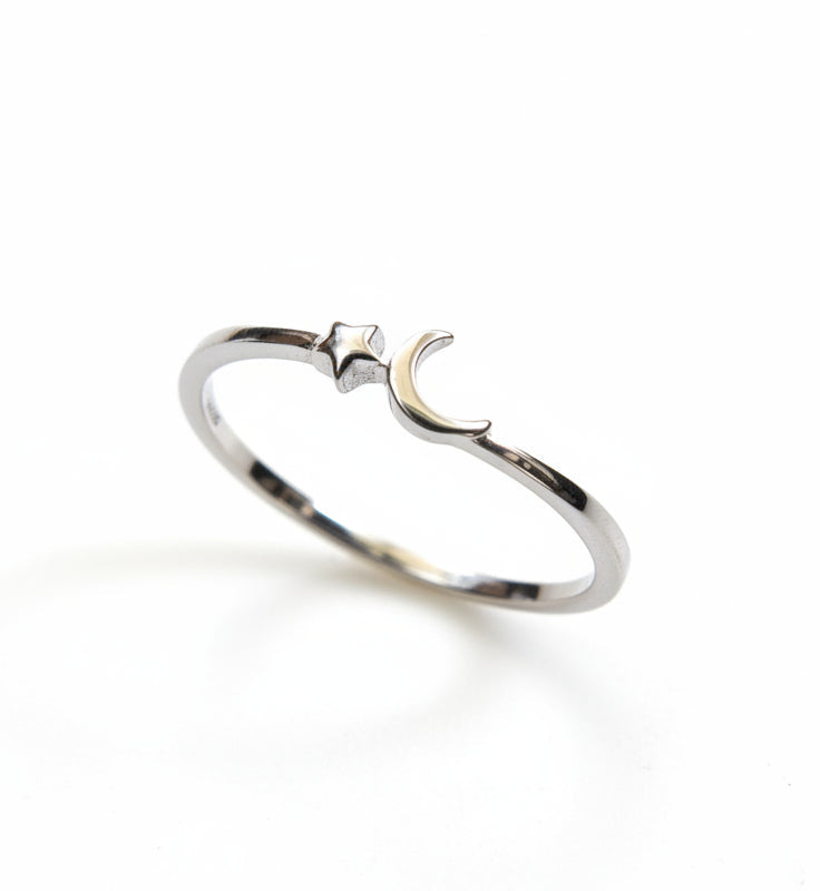 Sterling Dainty Crescent Moon & Star Silver Ring - view 3