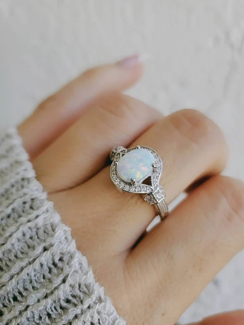 Sterling Silver 925 Halo White Opal Ring - view 7