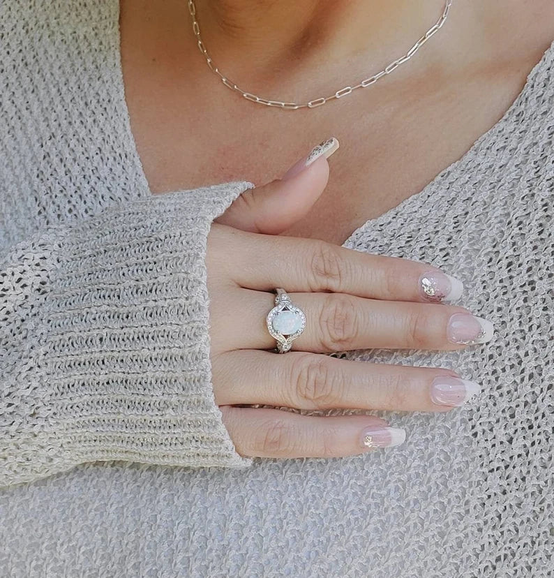 Sterling Silver 925 Halo White Opal Ring - view 4