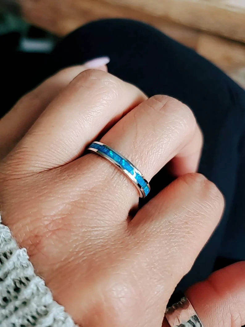 Sterling Silver 925 Blue Opal Unisex Band Ring - view 3