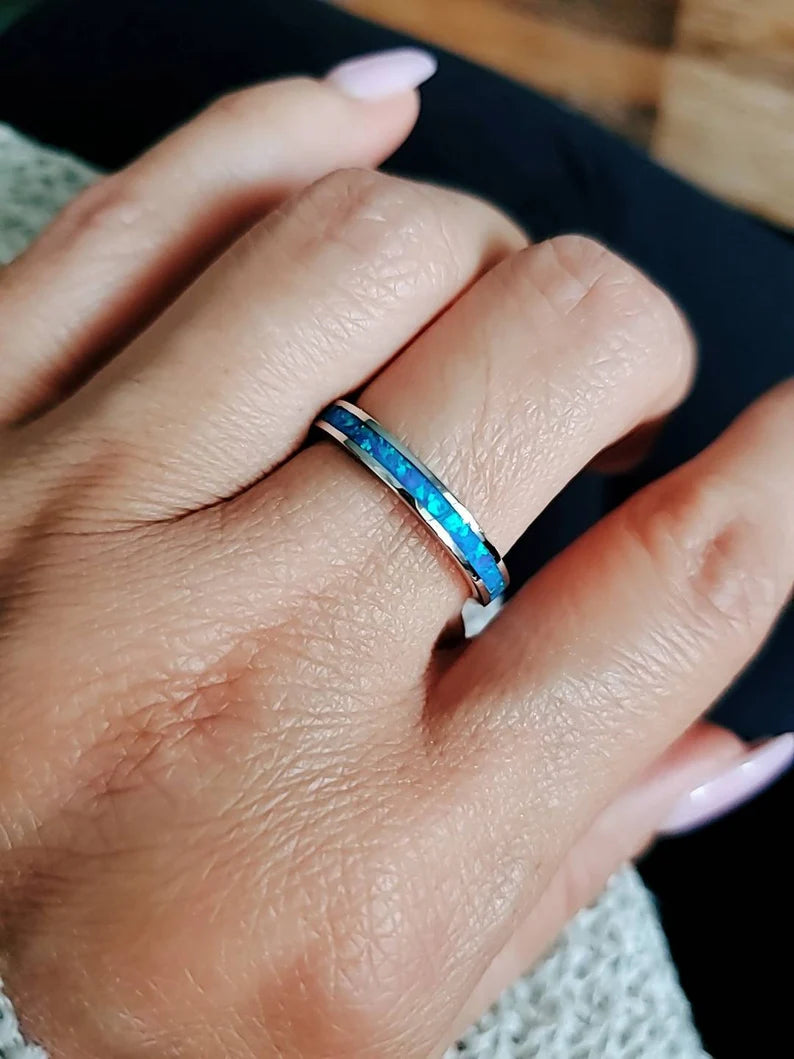 Sterling Silver 925 Blue Opal Unisex Band Ring - view 7