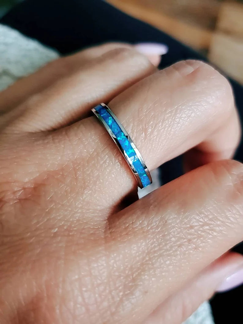 Sterling Silver 925 Blue Opal Unisex Band Ring - view 6
