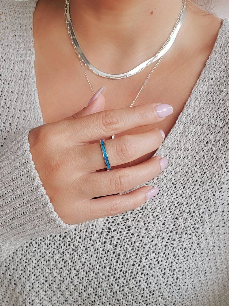 Sterling Silver 925 Blue Opal Unisex Band Ring - view 2