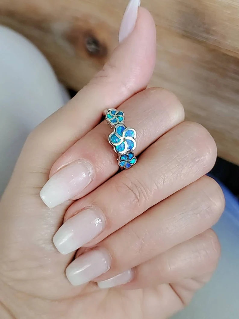 Sterling Silver Plumeria Hawaiian Blue Opal Ring - view 9