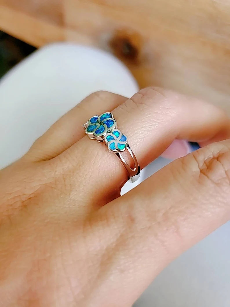Sterling Silver Plumeria Hawaiian Blue Opal Ring - view 5