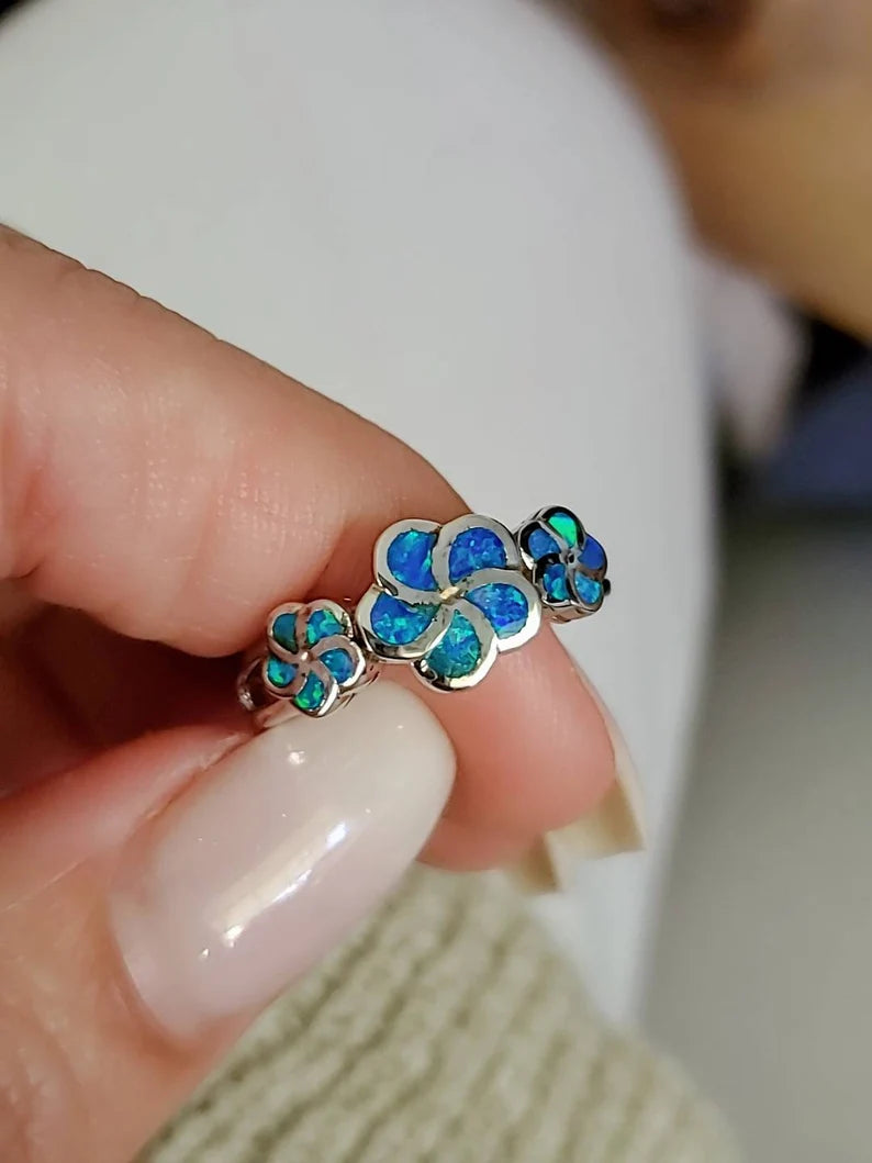 Sterling Silver Plumeria Hawaiian Blue Opal Ring - view 6