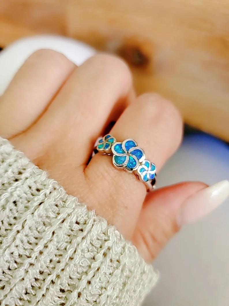Sterling Silver Plumeria Hawaiian Blue Opal Ring - view 7