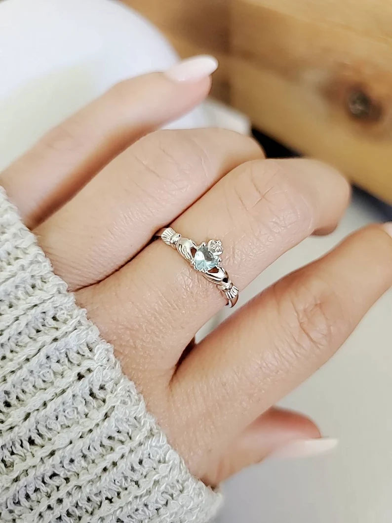 Sterling Silver Claddagh Aquamarine Ring - view 7