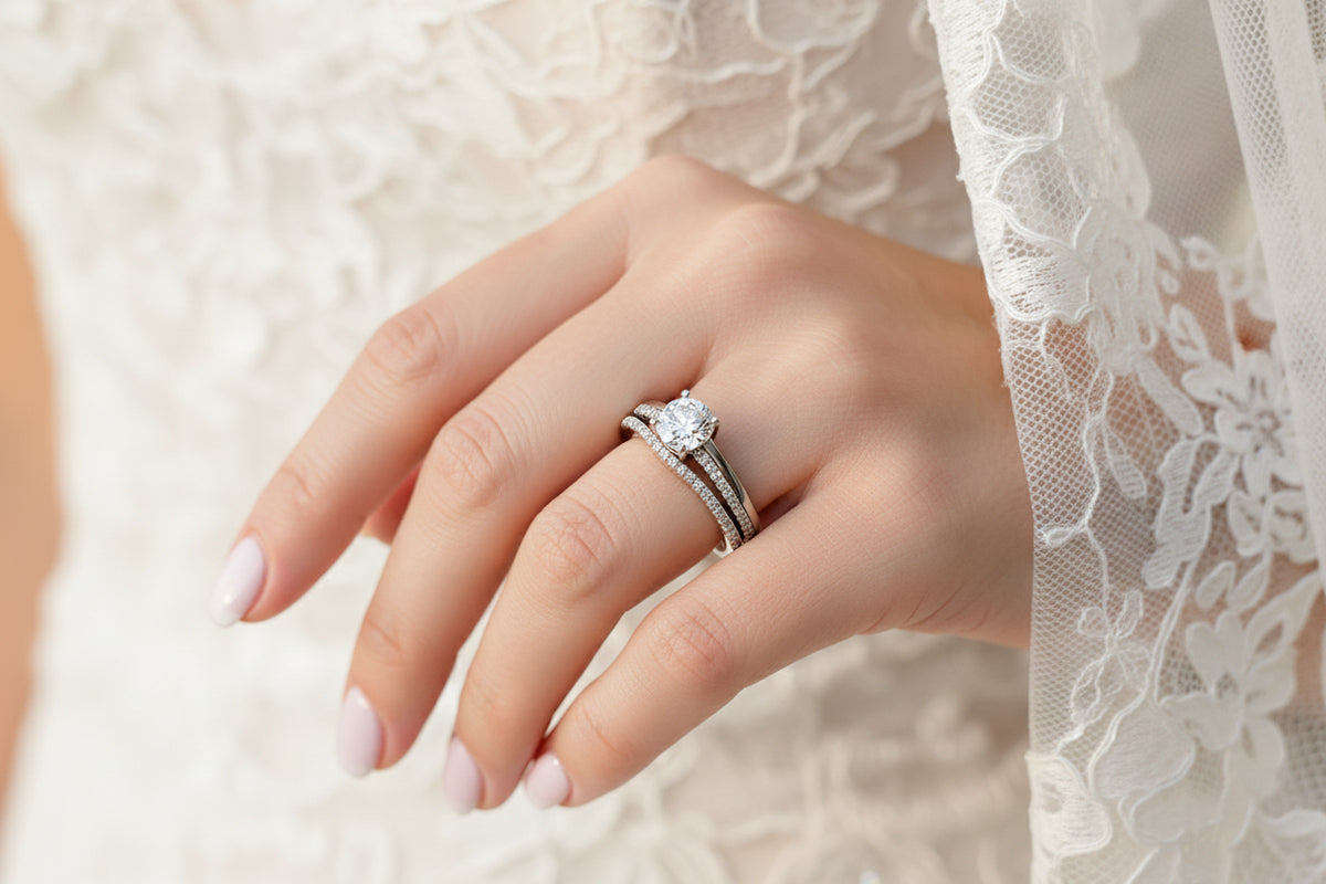 Sterling Silver Bridal Engagement Wedding Ring Set - view 2