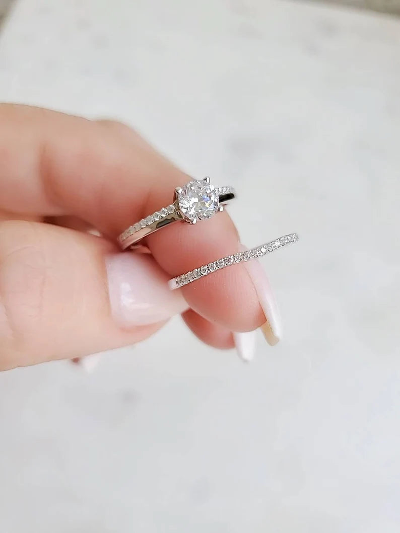 Sterling Silver Bridal Engagement Wedding Ring Set - view 4