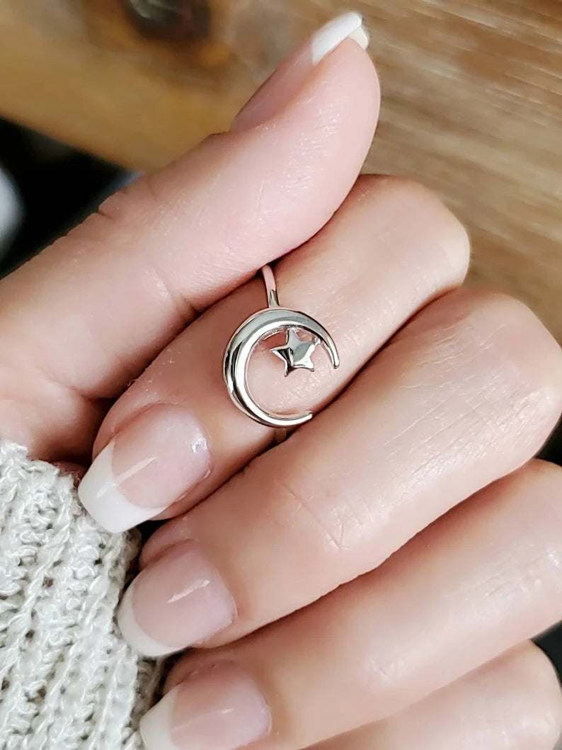 Crescent Moon Star Sterling Silver Ring - view 5