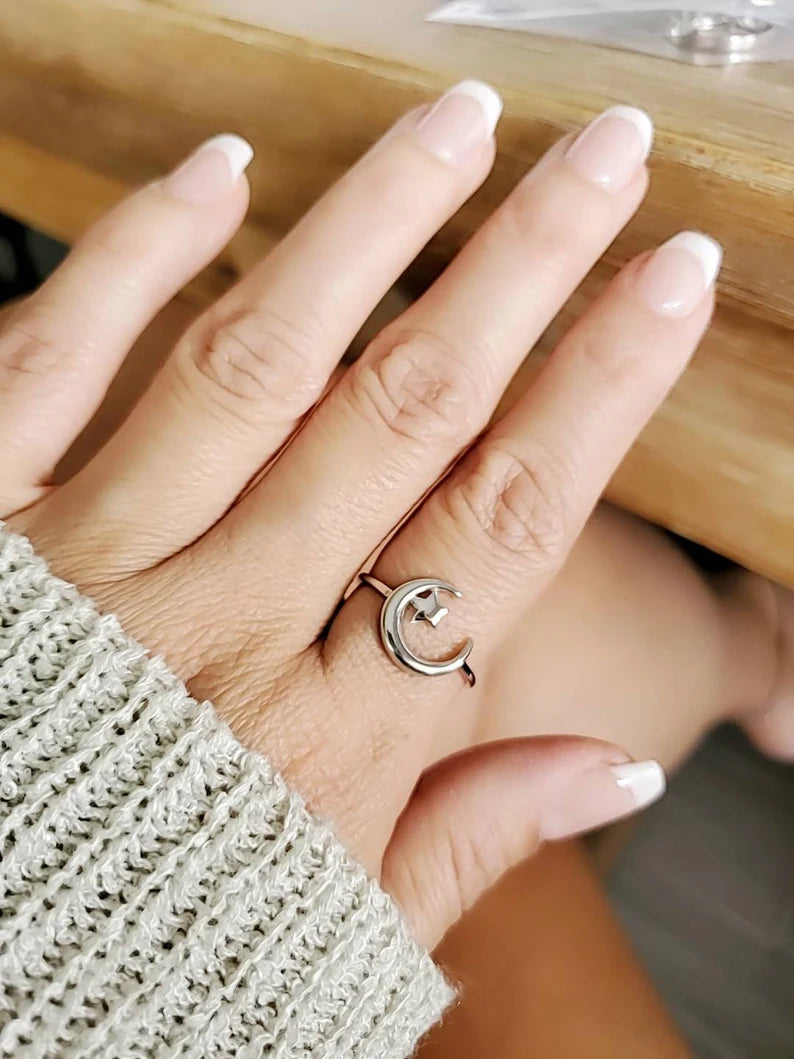 Crescent Moon Star Sterling Silver Ring - view 8