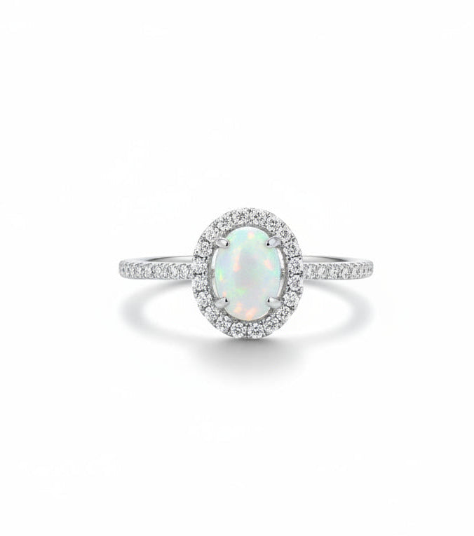 Sterling Silver Halo White Opal Promise Ring - view 3