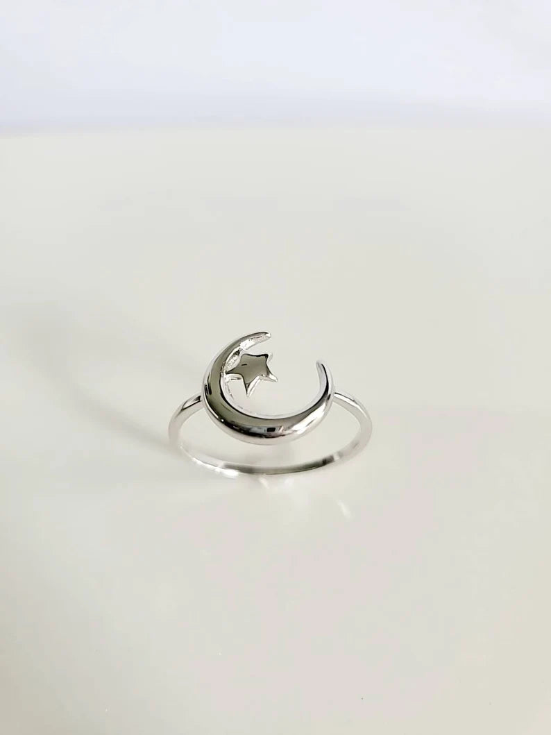 Crescent Moon Star Sterling Silver Ring - view 7