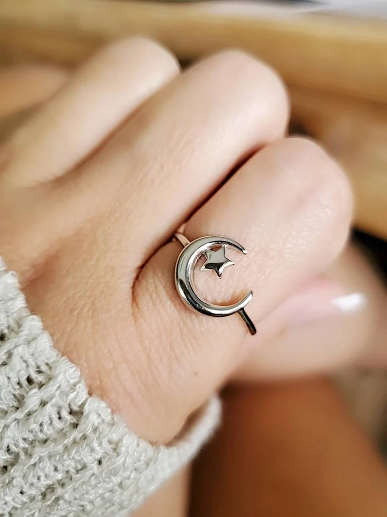 Crescent Moon Star Sterling Silver Ring - view 6