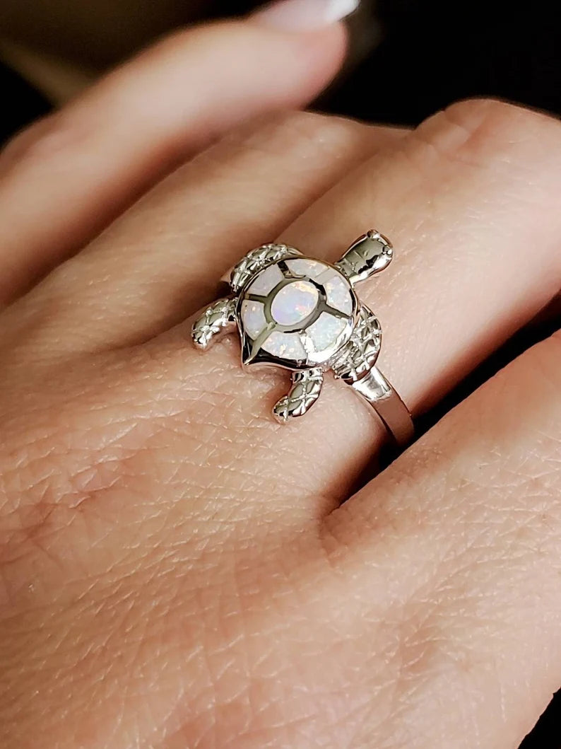 Sterling Silver White Opal Sea Turtle Ring - view 6