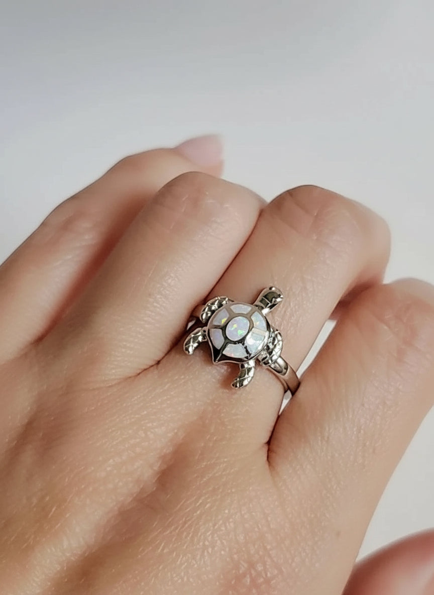 Sterling Silver White Opal Sea Turtle Ring - view 2