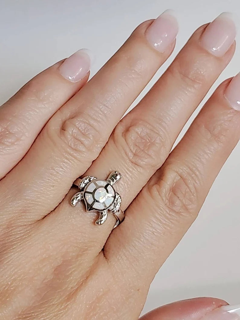 Sterling Silver White Opal Sea Turtle Ring - view 9