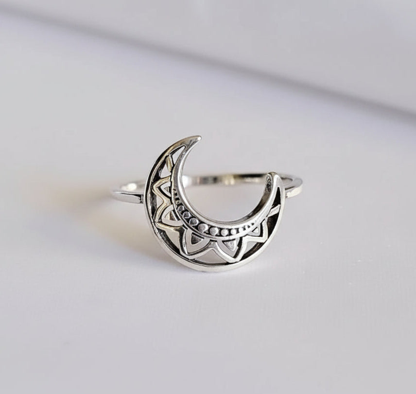 Sterling Silver Crescent Moon Mandala Ring - view 5