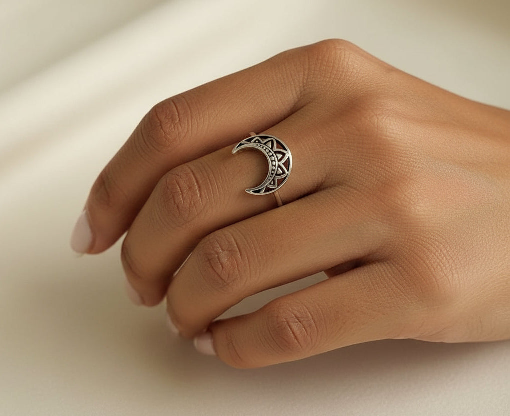 Sterling Silver Crescent Moon Mandala Ring - view 2