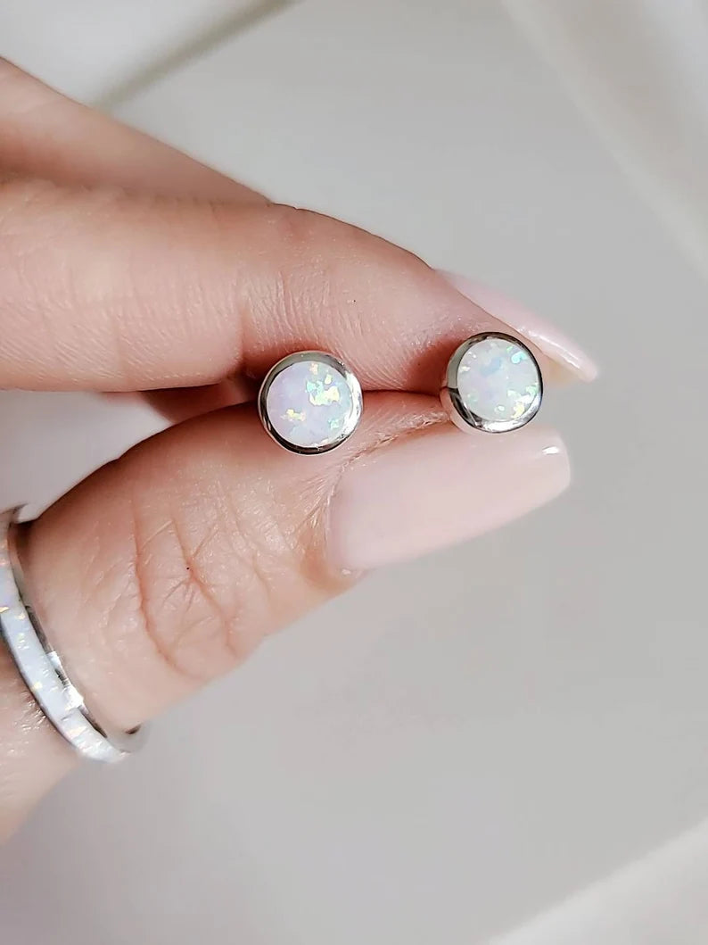 Sterling Silver White Rainbow Opal Sterling Silver Studs Size 4mm to 10mm - view 3