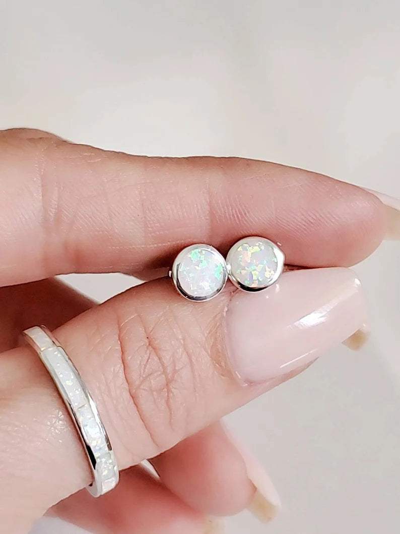 Sterling Silver White Rainbow Opal Sterling Silver Studs Size 4mm to 10mm - view 8