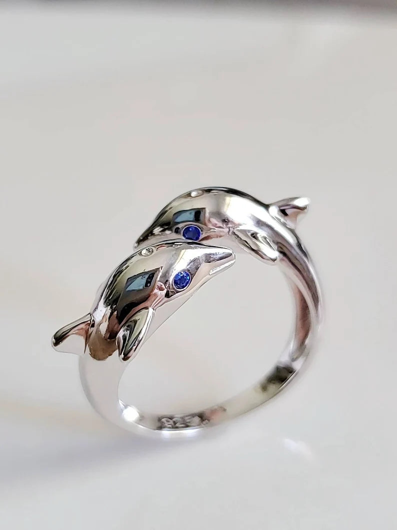 Sterling Silver Dolphin Blue Sapphire Ring - view 3