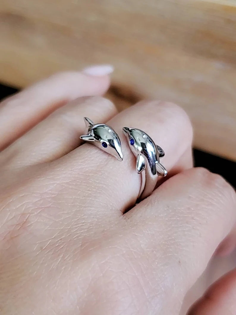 Sterling Silver Dolphin Blue Sapphire Ring - view 4