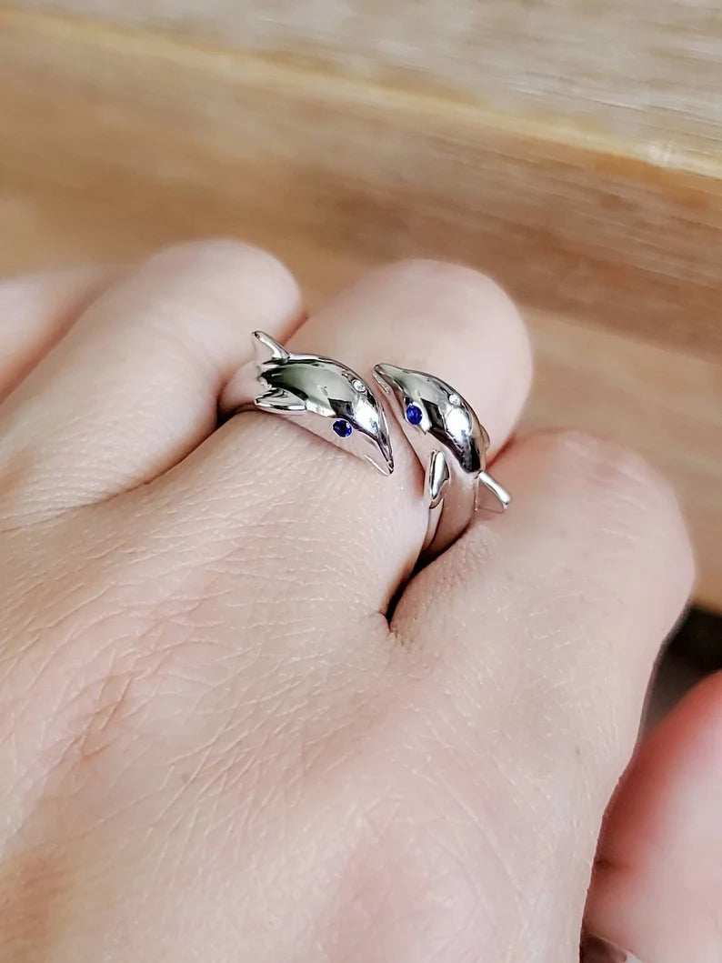 Sterling Silver Dolphin Blue Sapphire Ring - view 7
