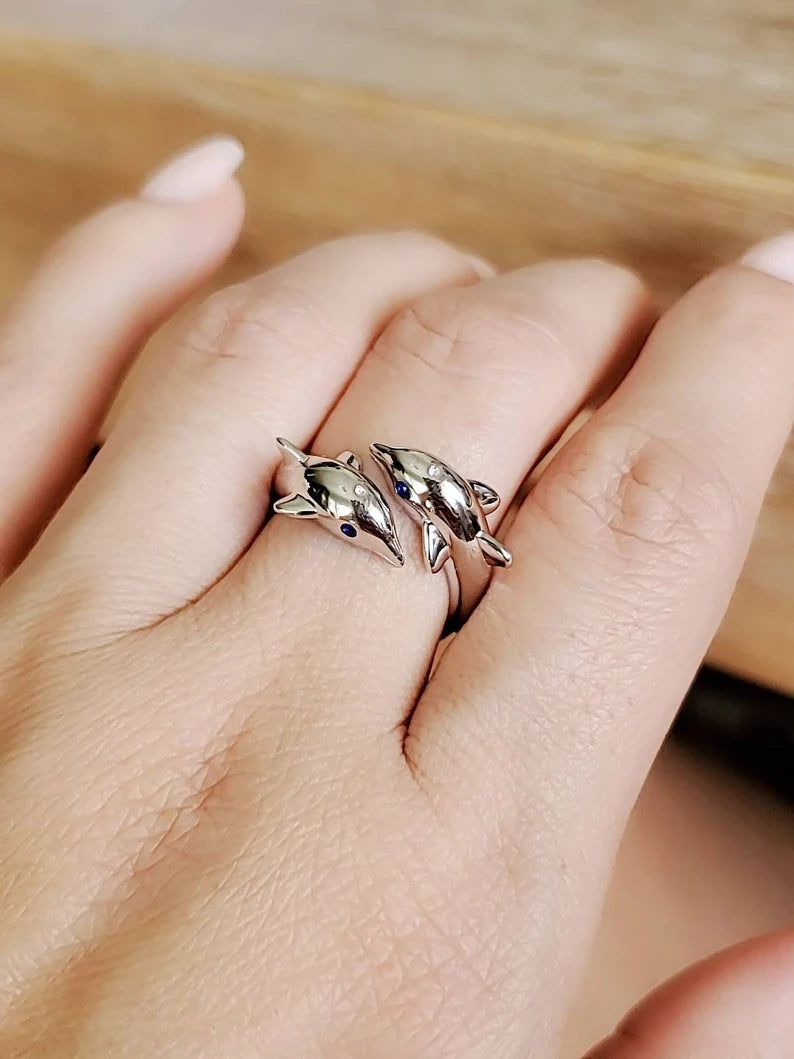 Sterling Silver Dolphin Blue Sapphire Ring - view 2