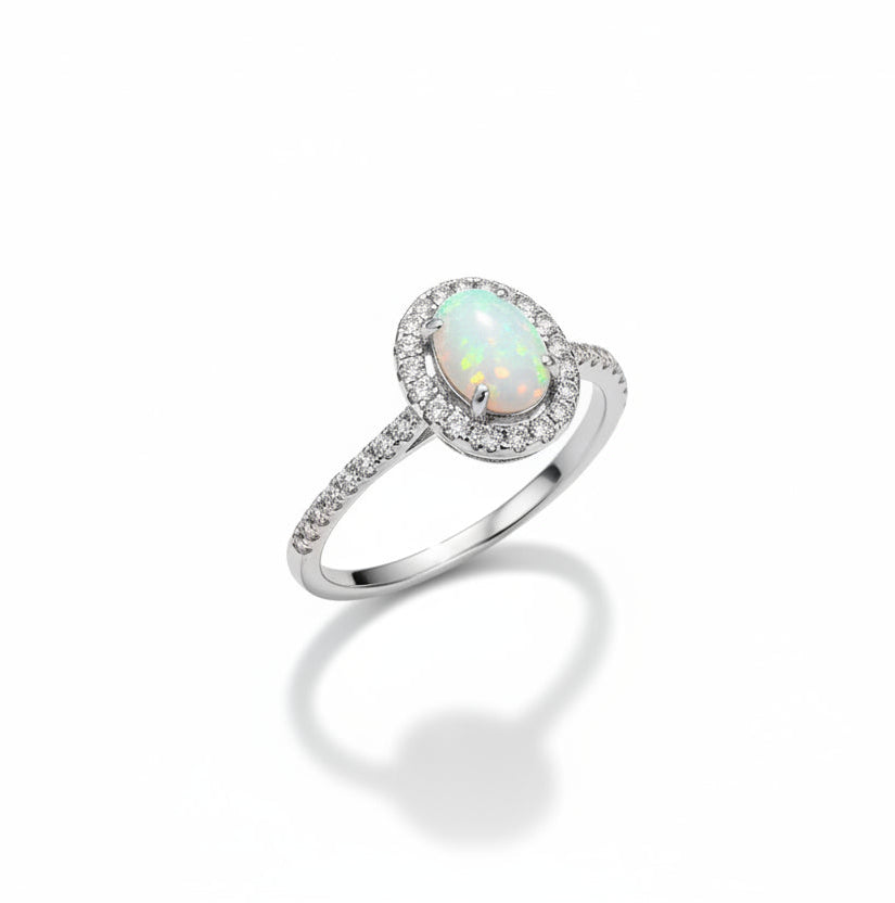 Sterling Silver Halo White Opal Promise Ring