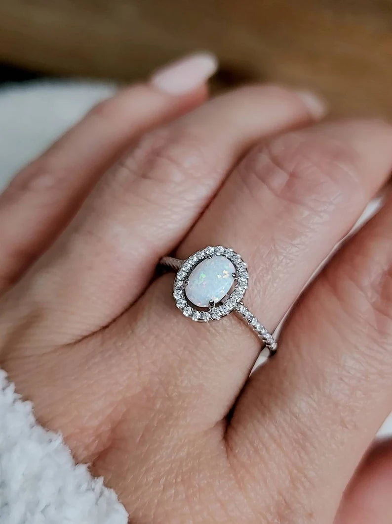 Sterling Silver Halo White Opal Promise Ring - view 7