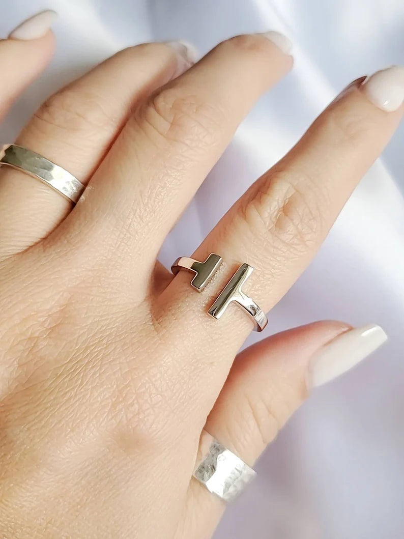 Sterling Silver Solid Double T Bar Ring - view 7