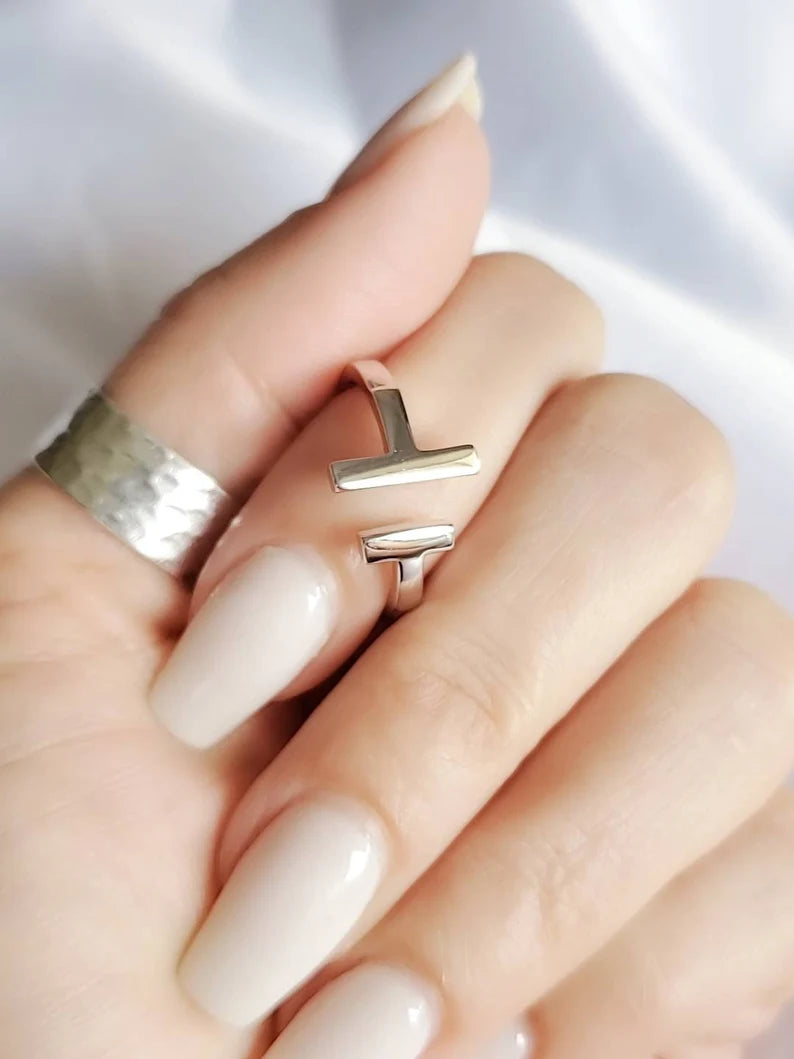 Sterling Silver Solid Double T Bar Ring - view 6