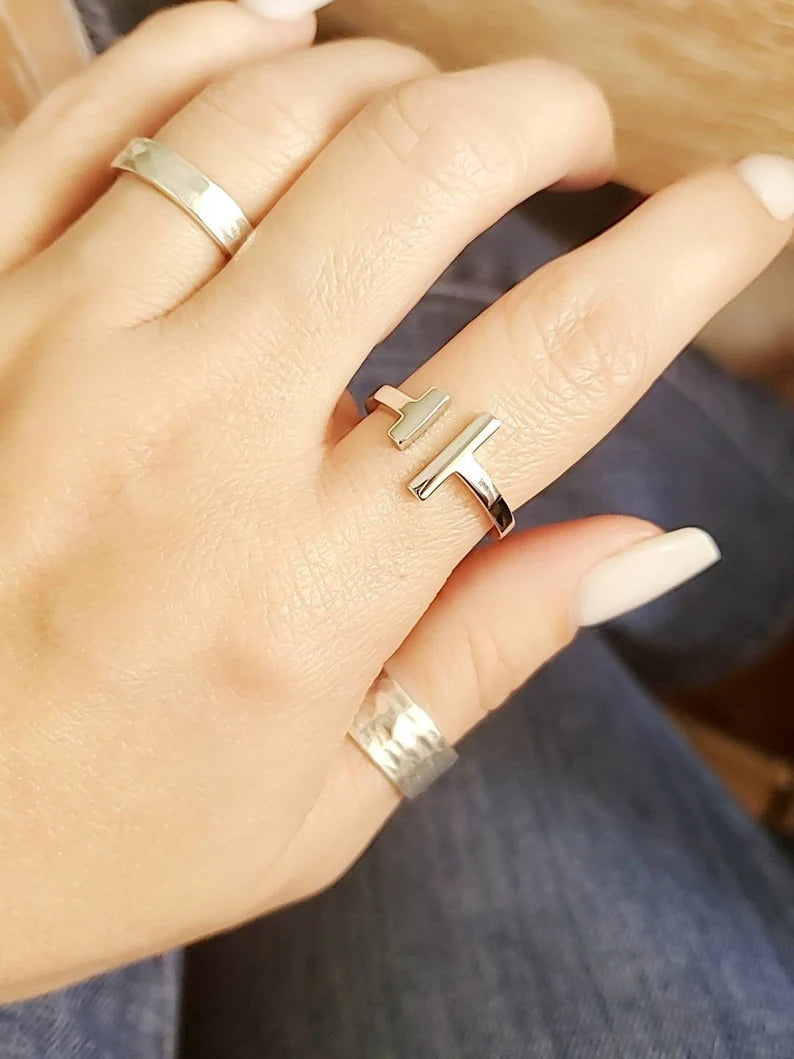 Sterling Silver Solid Double T Bar Ring - view 2