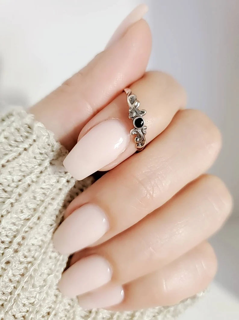 Sterling Silver Dainty Thin Onyx Ring - view 7