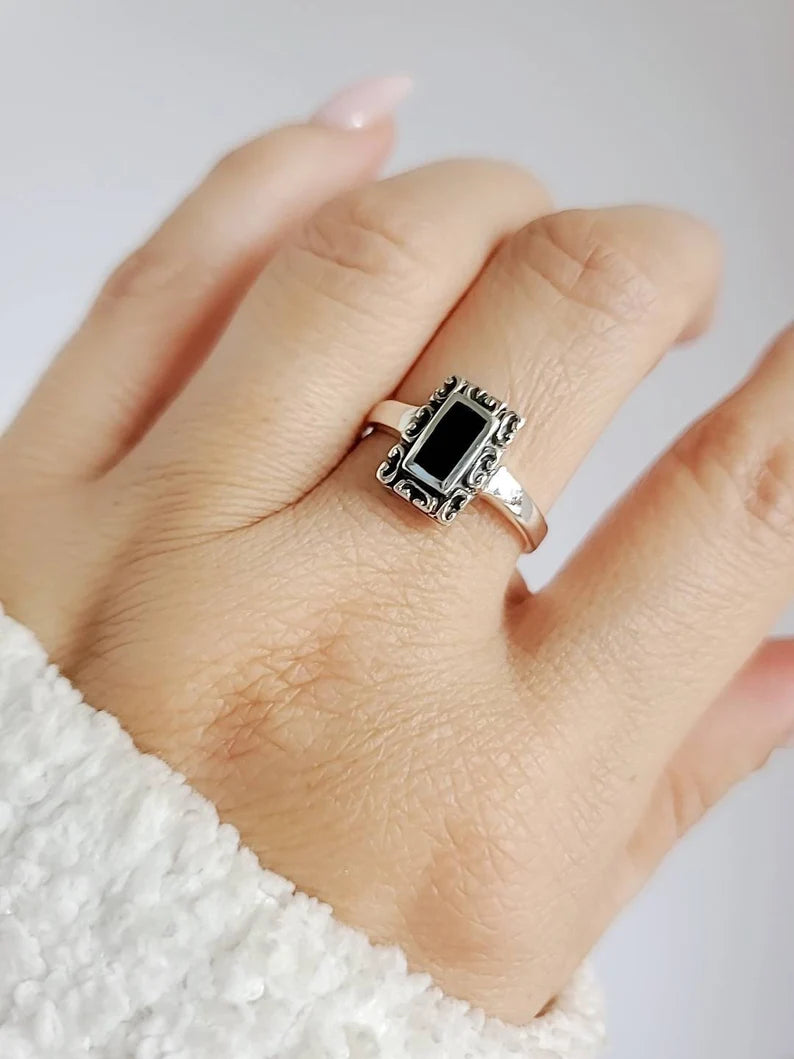 Minimalist Dainty Black Stone Stackable Ring - view 2