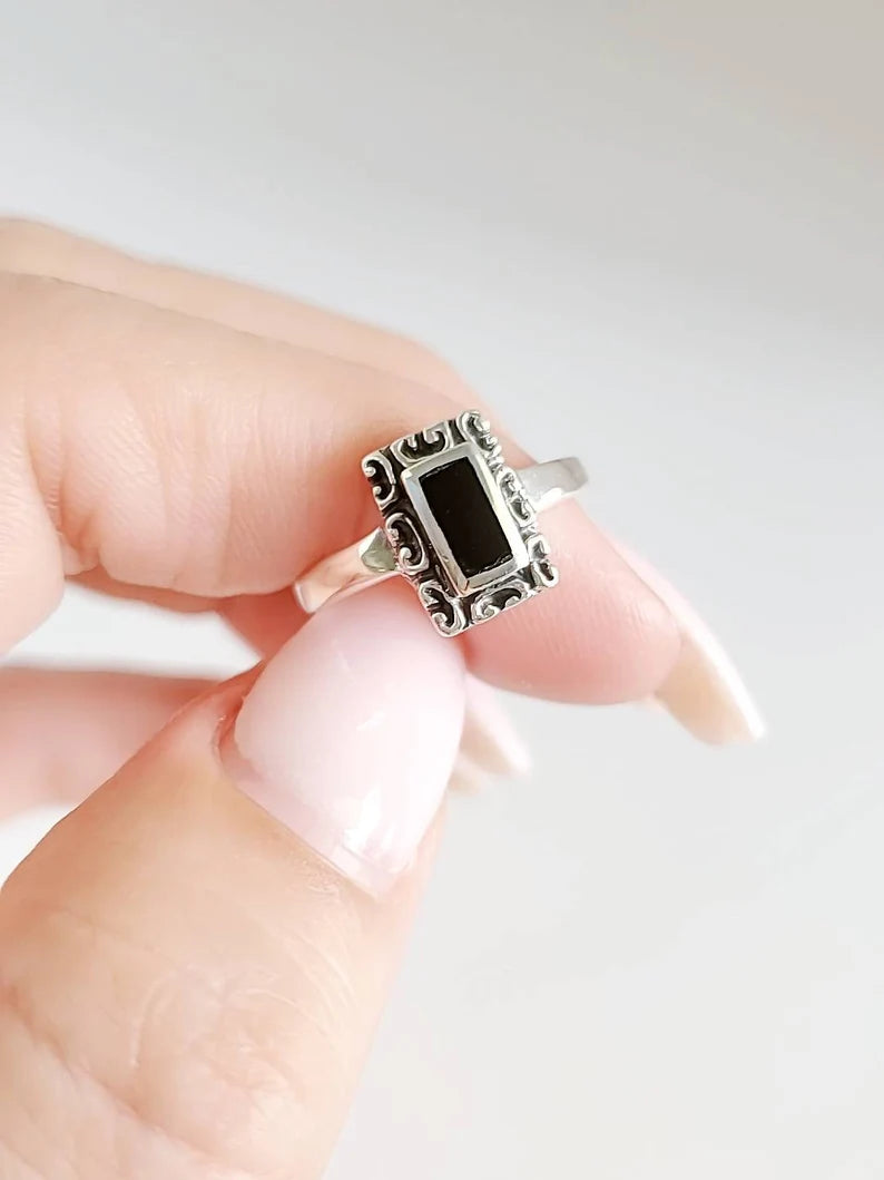 Minimalist Dainty Black Stone Stackable Ring - view 7