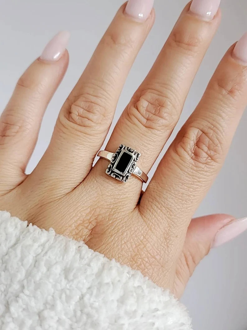 Minimalist Dainty Black Stone Stackable Ring - view 10