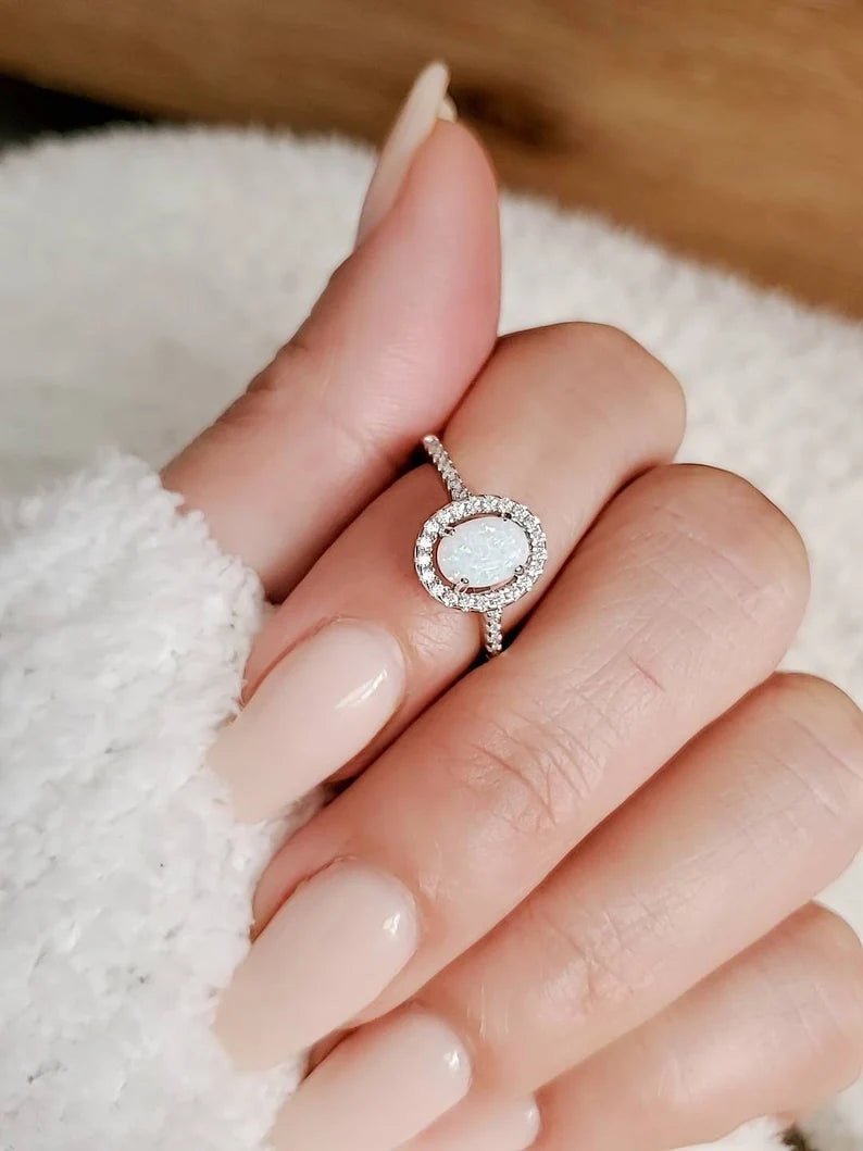 Sterling Silver Halo White Opal Promise Ring - view 4