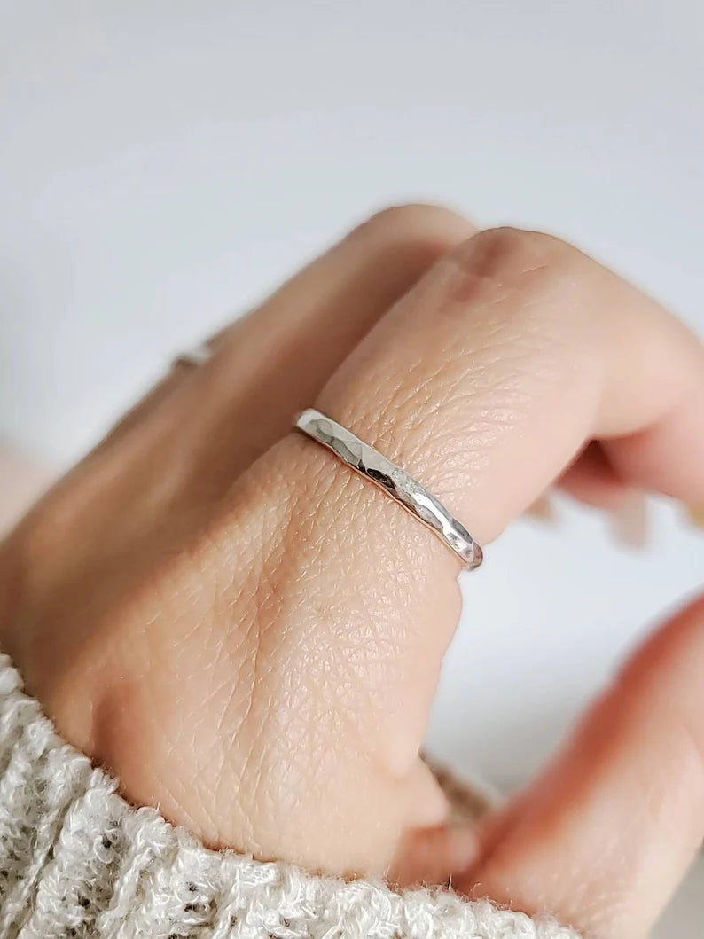 Sterling Silver Simple Hammered Band Ring - view 3