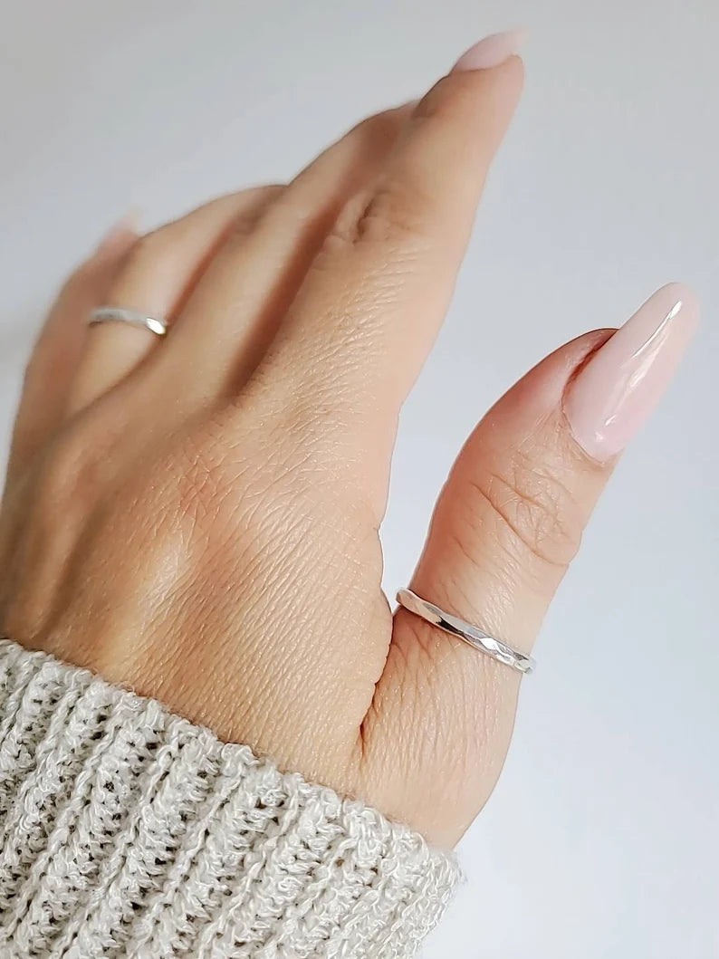Sterling Silver Simple Hammered Band Ring - view 2