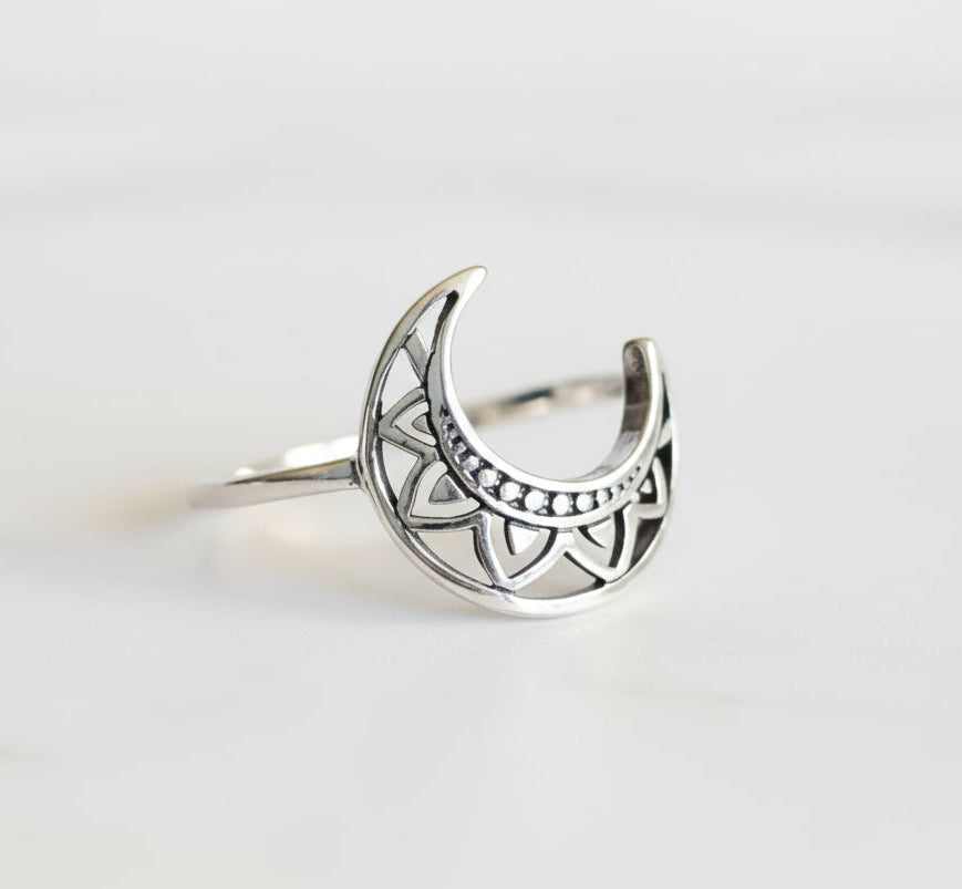 Sterling Silver Crescent Moon Mandala Ring - view 3