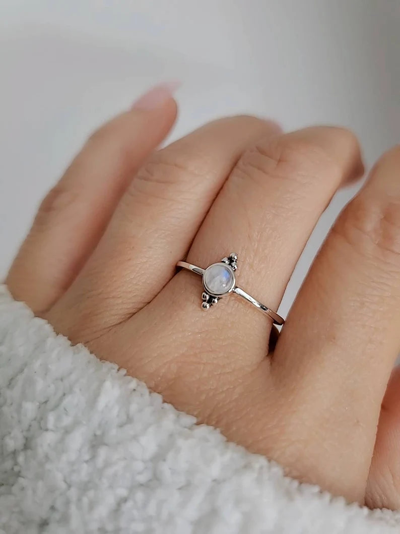 Sterling Silver Dainty Rainbow Moonstone Ring - view 7