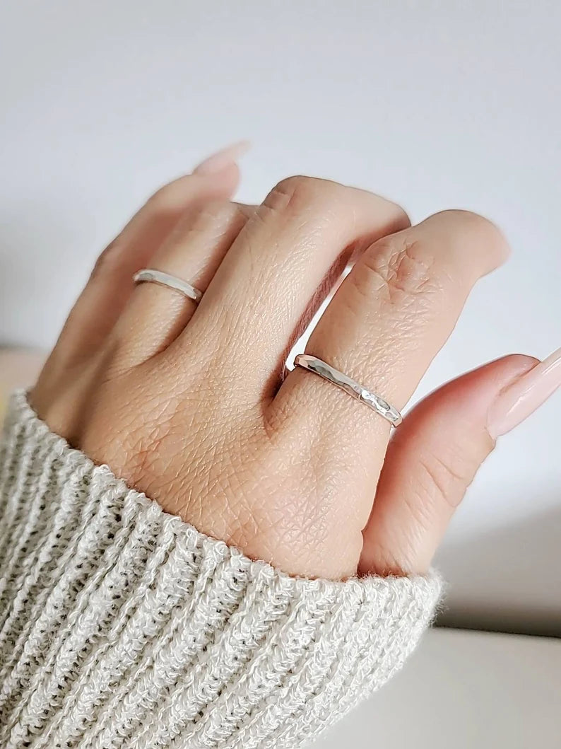 Sterling Silver Simple Hammered Band Ring - view 4